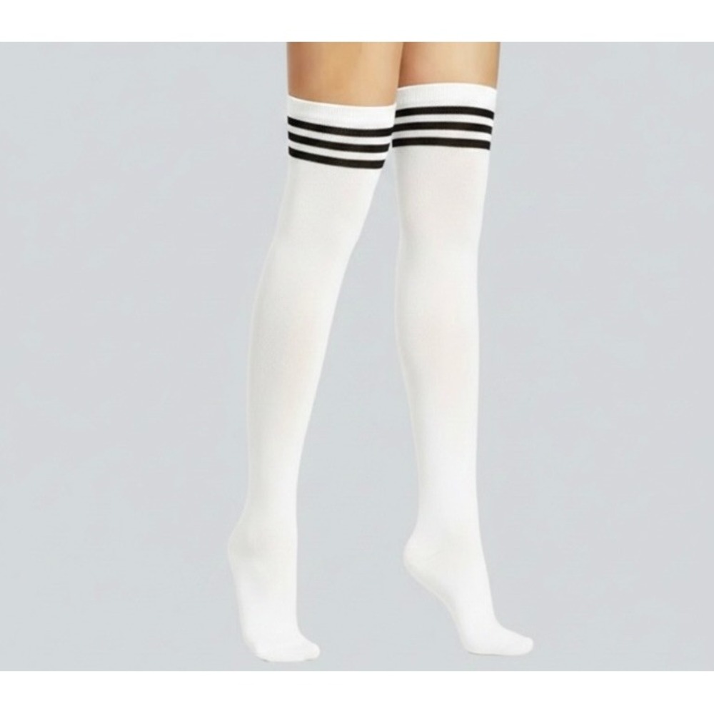 White with 3 Black Stripes Over the Knee Tube Socks ONE SIZE School Girl NEW